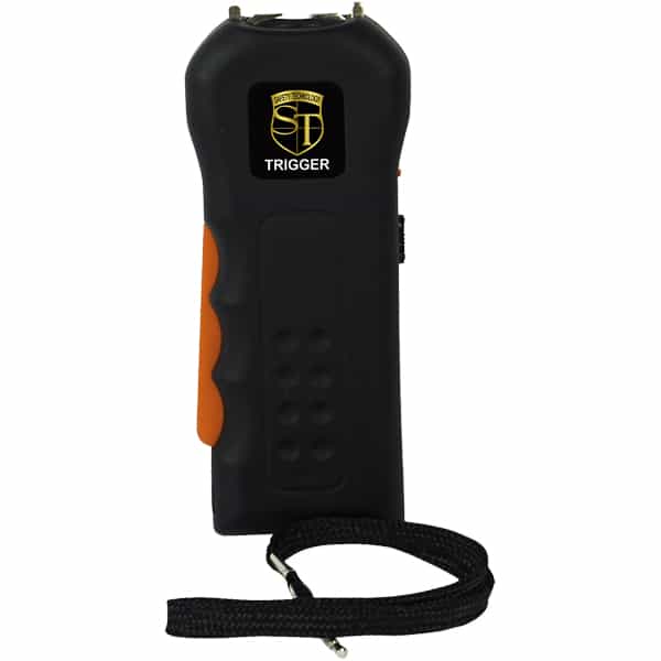 Black stun gun with strap, displaying the ST Trigger brand logo for personal safety.