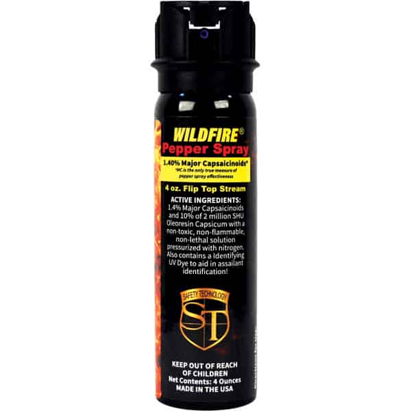 Wildfire Pepper Spray 4 oz can with flip top and 1.4% major capsaicinoids for personal safety and self-defense.