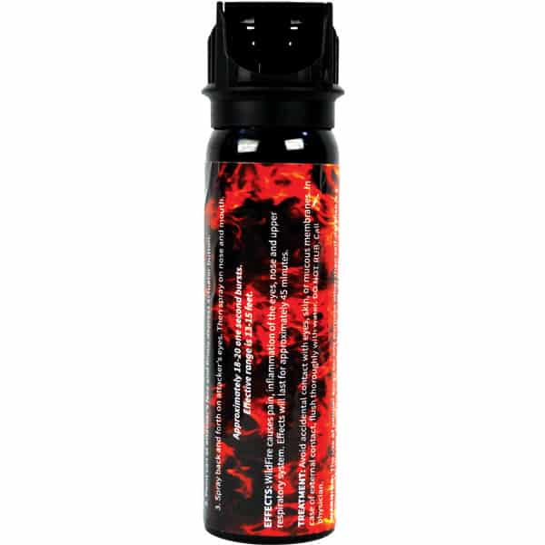 Pepper spray canister with fiery design label for self-defense.