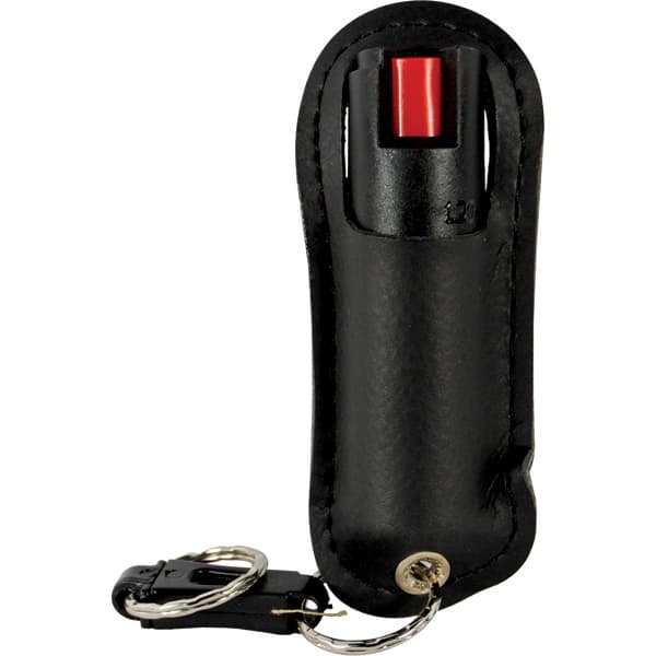 Black pepper spray keychain with red trigger in a protective leather case. Perfect for personal safety and easy carrying.