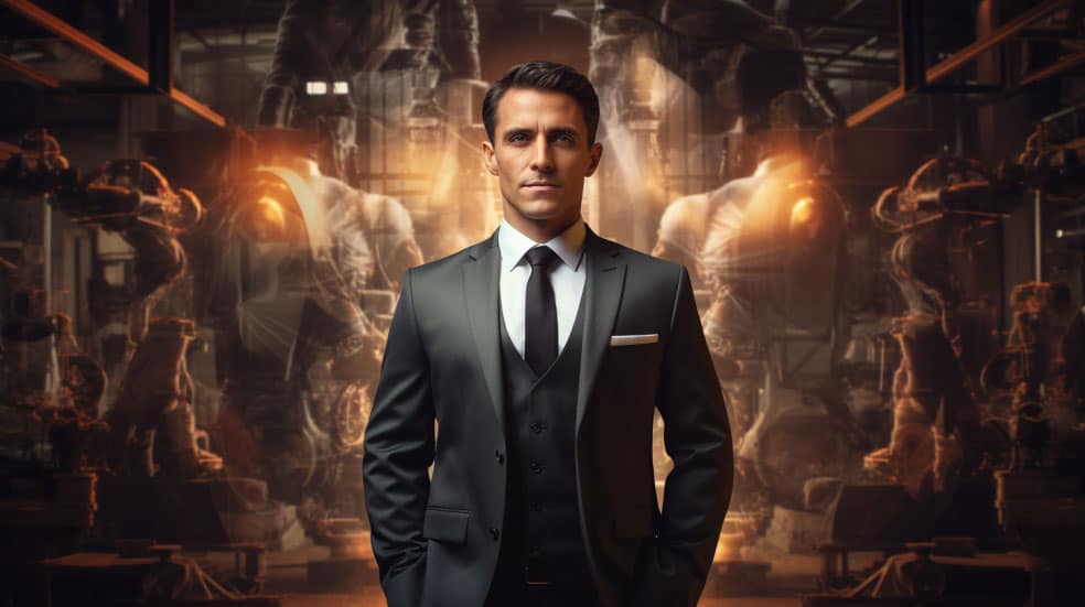 Man in a suit standing confidently in an industrial robotic setting, representing leadership in technology and innovation.