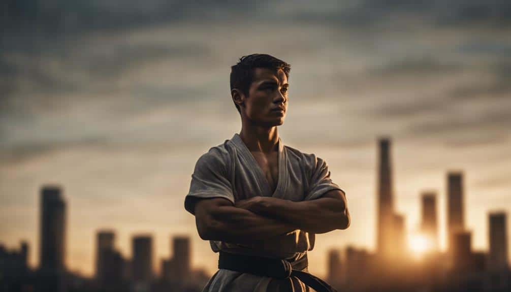 Martial artist in kimono stands confidently against a city skyline at sunset, symbolizing strength and focus.