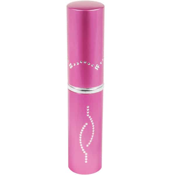 Pink lipstick tube with rhinestone design, standing upright, reflecting elegance and style. Perfect for beauty enthusiasts.