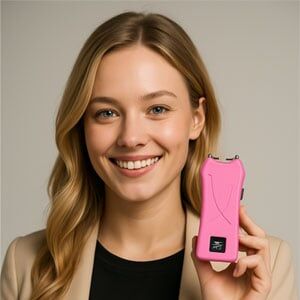 Smiling woman holding a pink taser, promoting personal safety with stylish, modern design.