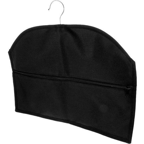 Black suit garment bag with a hanger and zippered pocket for travel or storage.