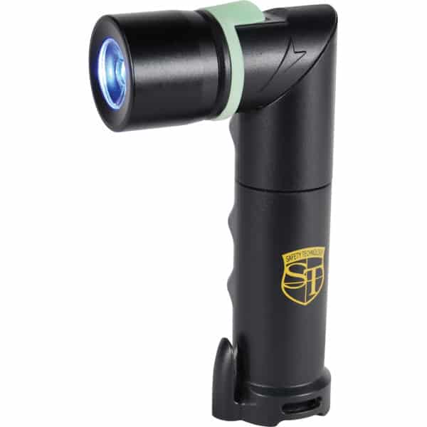 Black tactical flashlight with blue LED, featuring ergonomic grip and Safety Technology logo.