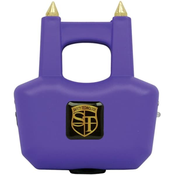 Purple handheld stun gun with gold spikes, featuring a Safety Technology logo for personal security.