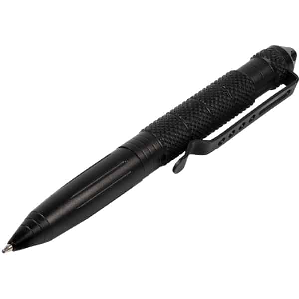 Tactical black pen with textured grip and clip, ideal for writing and self-defense.