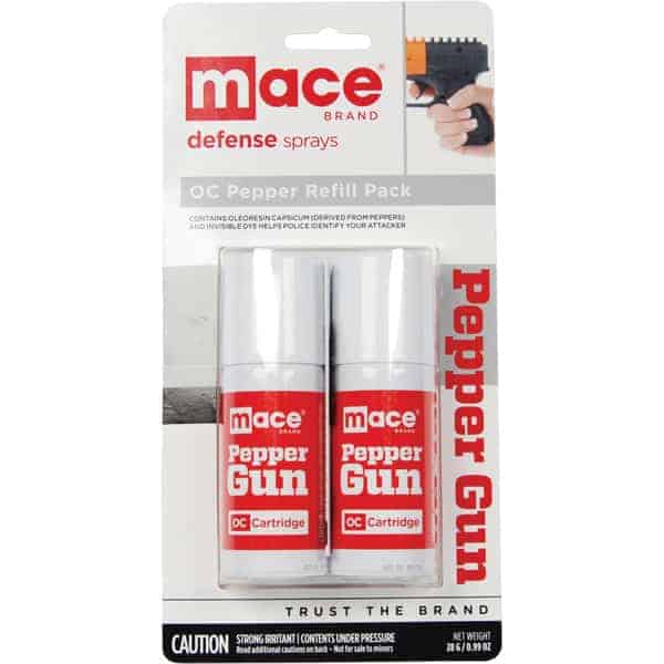 Pepper gun refill pack by Mace. Two OC cartridges for self-defense use against attackers. Trusted brand safety spray.