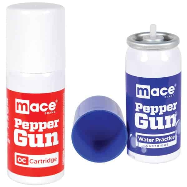 Mace Pepper Gun cartridges: OC cartridge and water practice cartridge for self-defense training purposes.