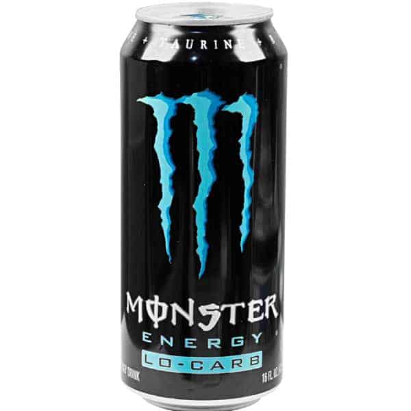 Lo-Carb Monster Energy Drink can, 16 fl oz, black with blue logo, energizing beverage.