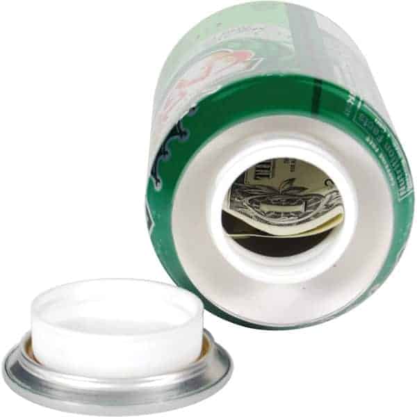 Hidden stash in a soda can safe with a rolled dollar bill, showcasing a clever storage solution for valuables.