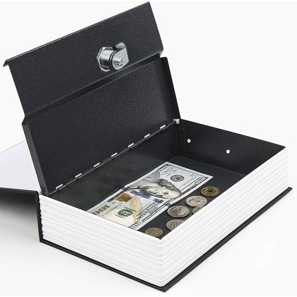 Hidden safe disguised as book, storing cash and coins for secure and discreet money storage.