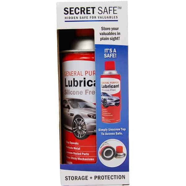 Hidden safe disguised as a lubricant can for secure storage of valuables. Perfect for home or travel safety.