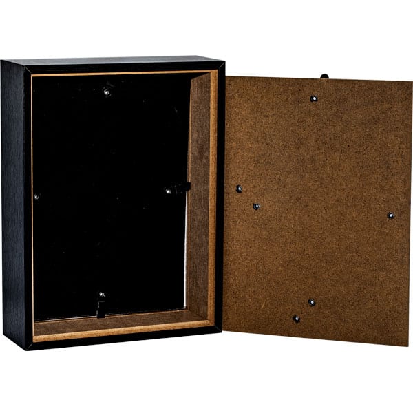 Shadow box frame with open back panel, showcasing black interior and wooden edges, ideal for art display.