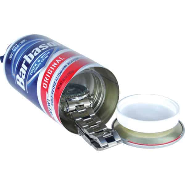 Hidden safe disguised as Barbasol can with watch inside. Perfect for discreet storage and security.