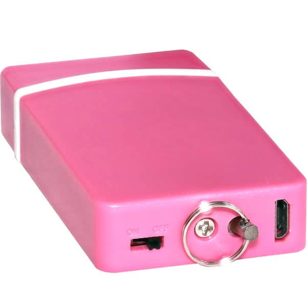 Pink electronic device with a switch, port, and keyring attachment, sleek design.