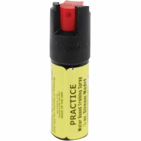 Yellow practice pepper spray canister with black and red cap for self-defense training.