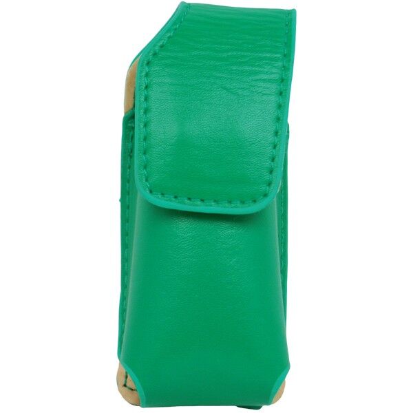 Bright green leather pouch case with flap, standing upright, minimalist design ideal for small items.