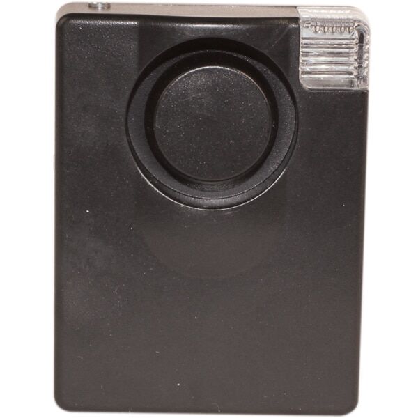 Compact black personal alarm device with circular speaker and clear section, designed for safety and emergency alerts.