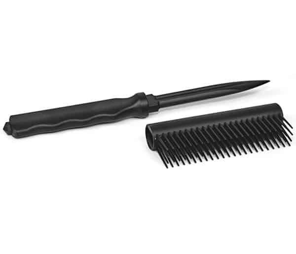 Black hairbrush with detachable handle lying flat on a white background.