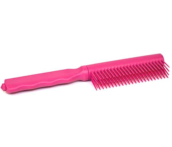 Pink hair styling comb with handle for detangling and smoothing hair effortlessly. Perfect for salon or home use.