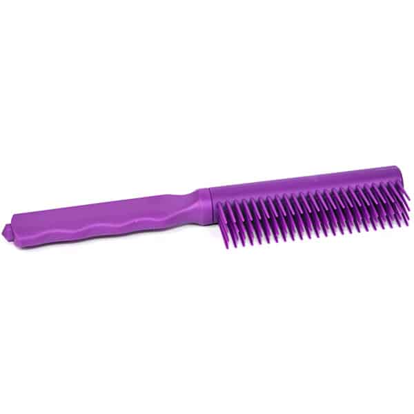 Purple double-sided comb with staggered teeth for styling and detangling hair.