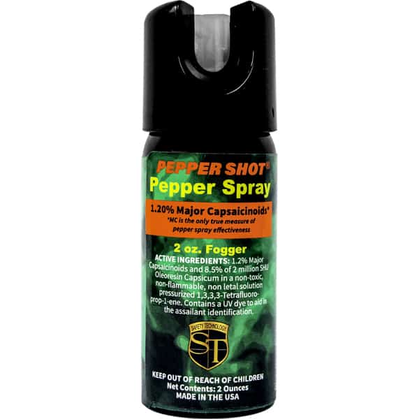 Pepper Shot Pepper Spray 2 oz. Fogger with 1.2% Major Capsaicinoids, non-toxic self-defense spray, made in USA.