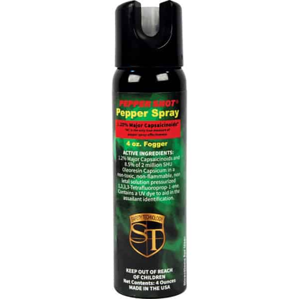 Pepper Shot 4 oz. Pepper Spray Fogger for personal safety, featuring 1.2% Major Capsaicinoids for effective self-defense.