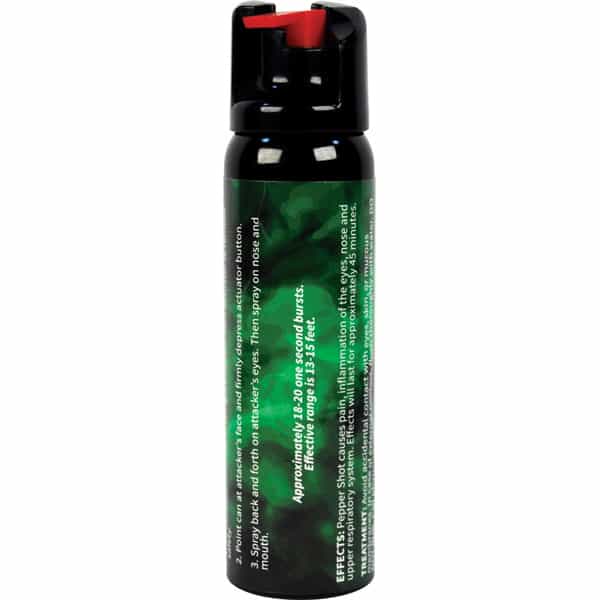 Black pepper spray canister with safety instructions on the label, designed for personal self-defense.