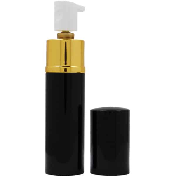 Elegant black and gold pump bottle with removable cap for cosmetics or skincare products.