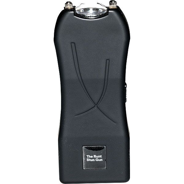 Black handheld stun gun with metal electrodes, labeled The Runt Stun Gun. Personal safety device.