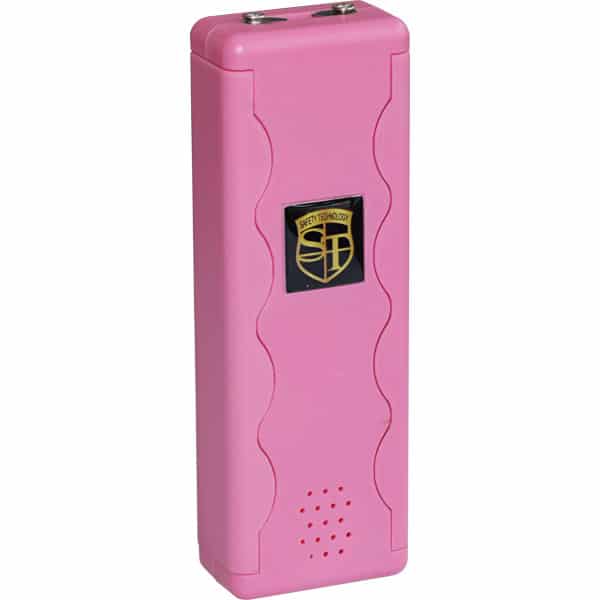 Pink stun gun with safety feature and branding logo, ideal for personal protection.