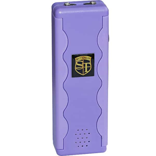 Purple self-defense stun gun with safety technology logo, compact design for personal protection.