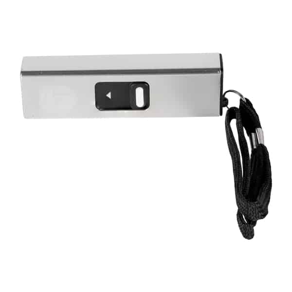 Silver laser pointer with a black wrist strap, featuring navigation buttons, isolated on a white background.