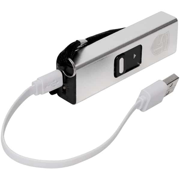 Portable USB drive with charging cable and metal casing.