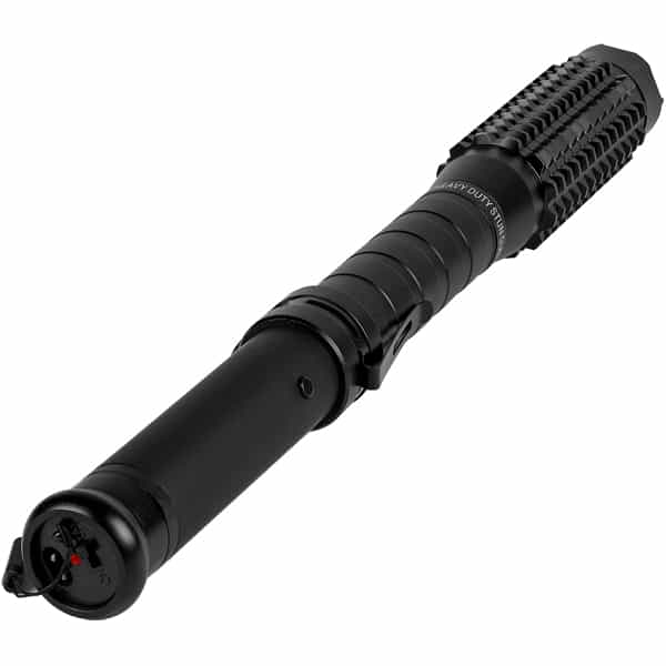 Black heavy-duty flashlight baton with textured grip, ideal for security and outdoor use.