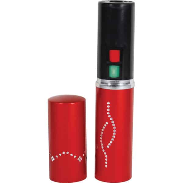 Red pepper spray disguised as lipstick with rhinestone design, offering personal safety in a compact, stylish form.