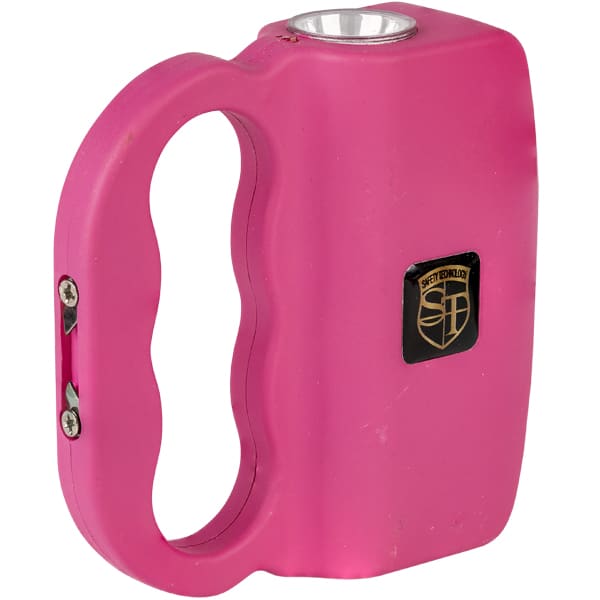 Pink self-defense stun device with flashlight and grip handle for personal safety.