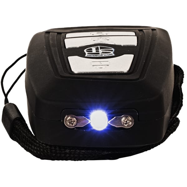 Compact black flashlight emitting bright light, with wrist strap attached, on white background.