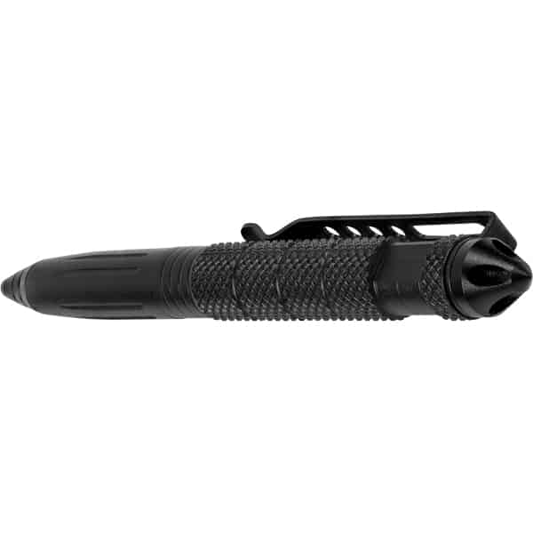 Black tactical pen with textured grip and clip, designed for self-defense and everyday carry.