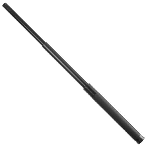 Black telescopic baton with extended sections on white background.