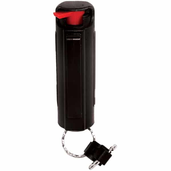 Black pepper spray canister with a red button and keychain attachment for personal safety.