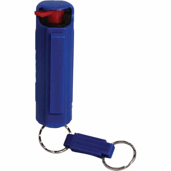 A blue keychain pepper spray with a safety lock and clip for personal safety and self-defense.