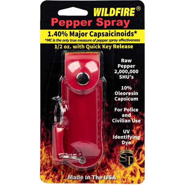 Wildfire pepper spray packaging with key release, 2,000,000 SHU, and UV dye. Designed for safety and effectiveness.