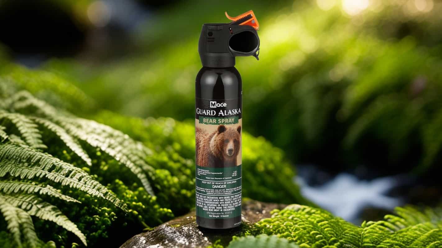 Bear spray canister labeled Guard Alaska on a mossy forest background, emphasizing outdoor safety.