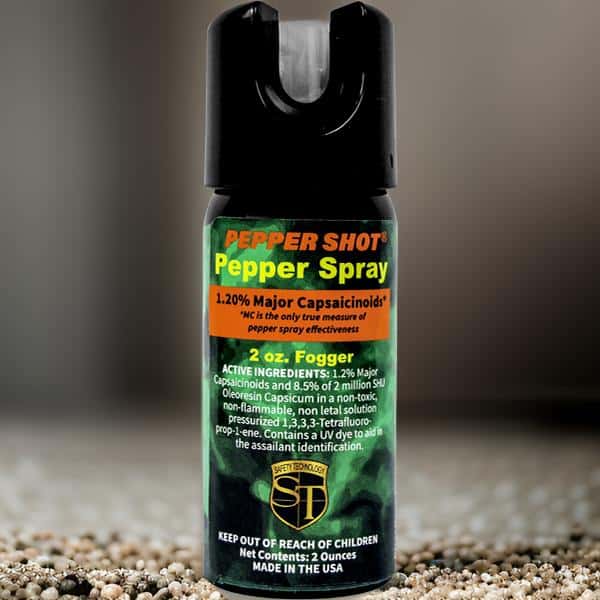 Pepper Shot pepper spray with 1.2% capsaicinoids, 2 oz fogger, non-lethal self-defense, made in USA.