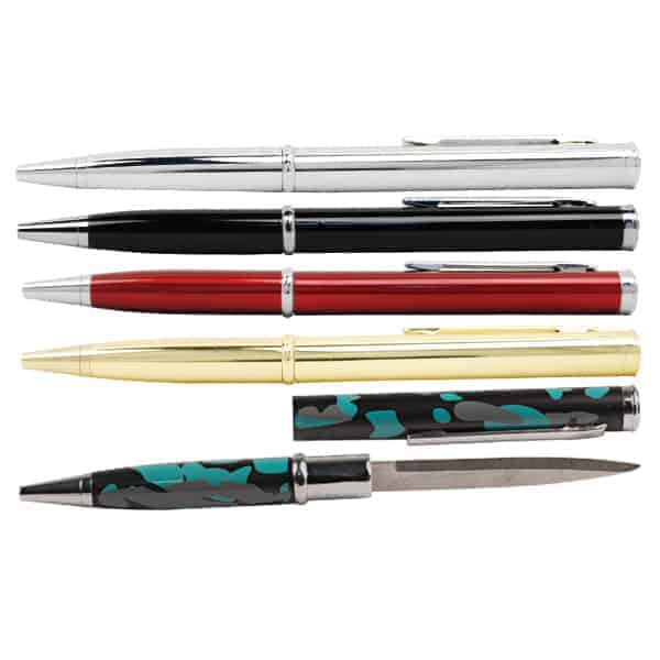 Set of elegant pens in various colors including silver, black, red, gold, and a blue camo pattern showcased on a white background.