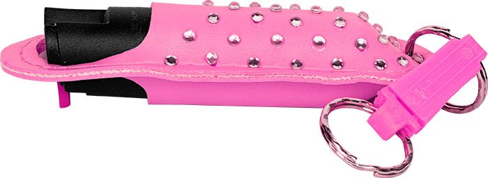 Pink pepper spray keychain with rhinestones for self-defense. Stylish and compact design for personal safety.