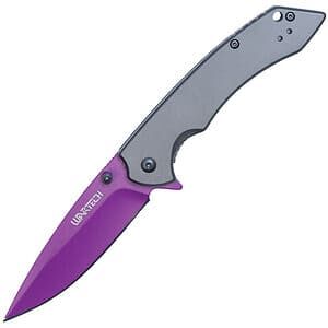 Purple folding knife with a sleek blade and black handle, featuring Wartech branding.